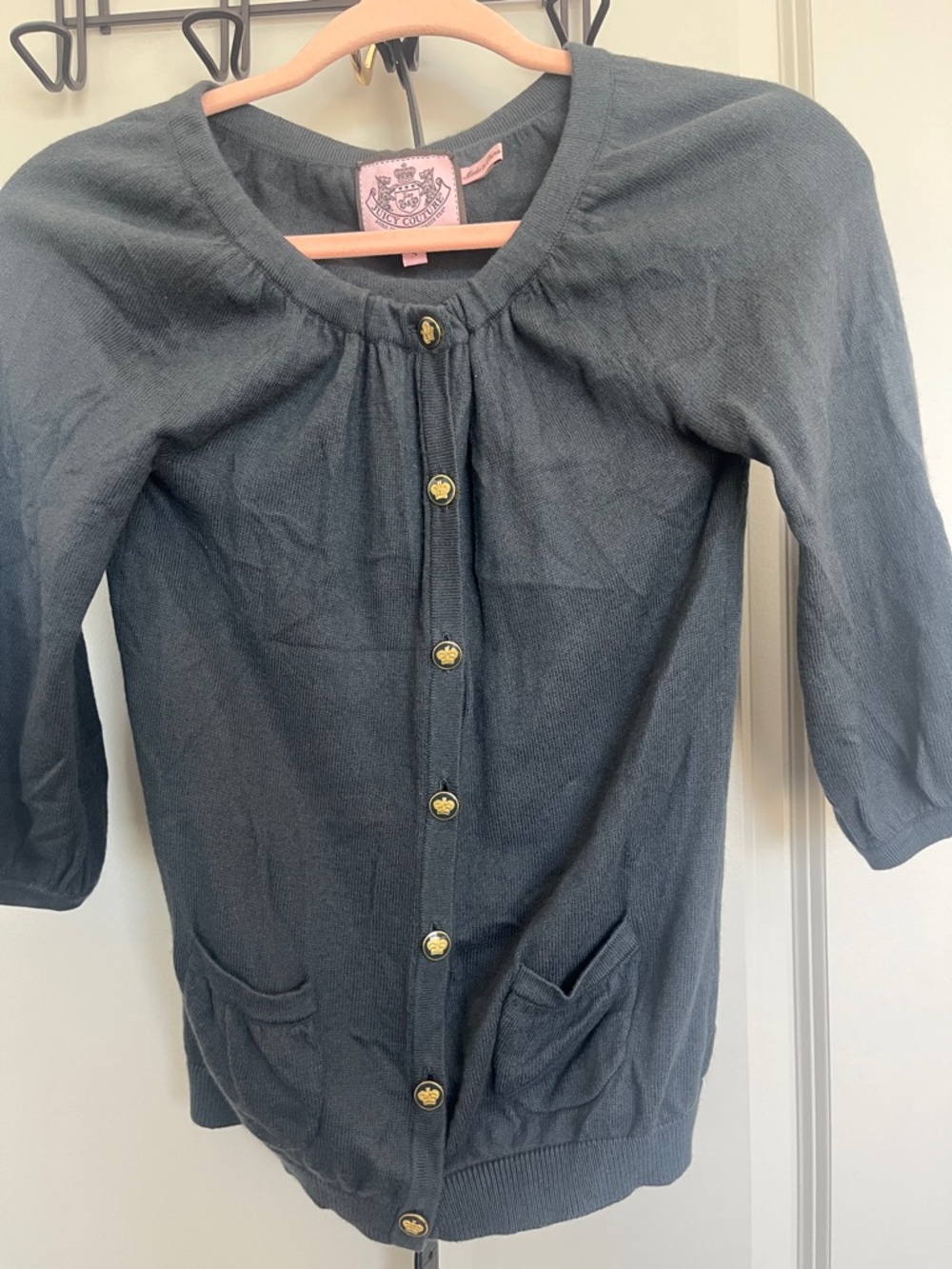 Juicy Couture Charcoal Knit Cardigan with Pink Logo Patch